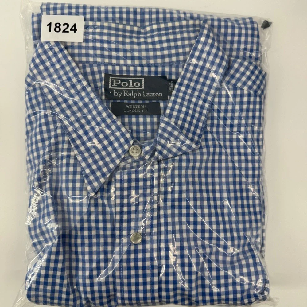 Polo Ralph Lauren Mens XL Western Classic Fit Gingham Snap Button Shirt Blue